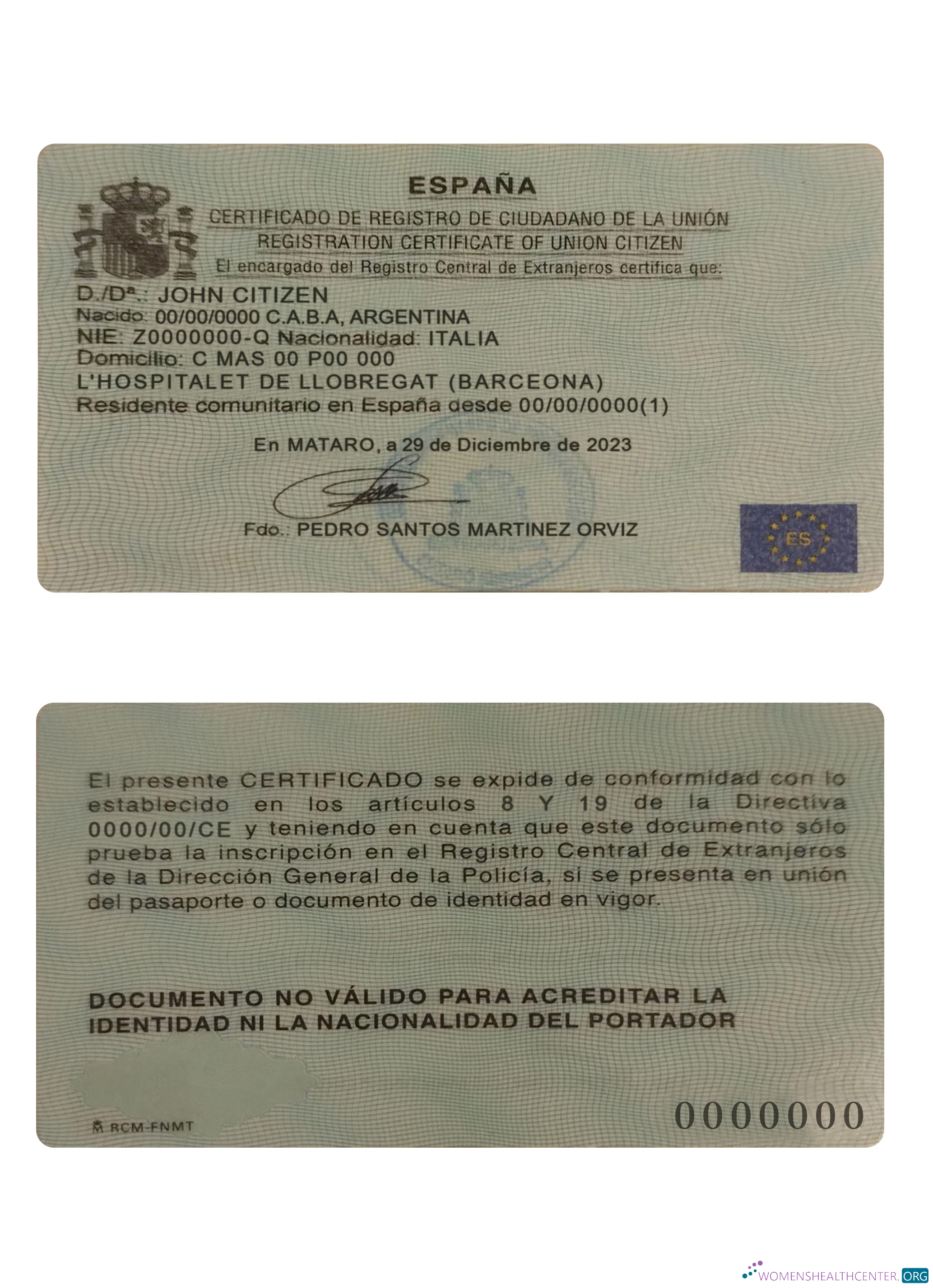 Download Spain registration certificate of union citizen Photoshop template